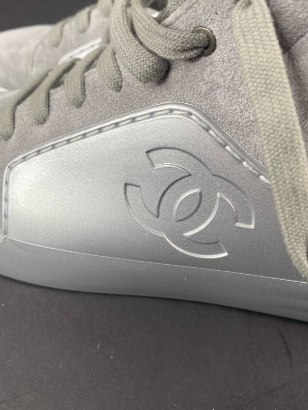 Chanel Grey Silver Suede Rubber CC High Top Sneakers Size 37.5 - Picture 12 of 12